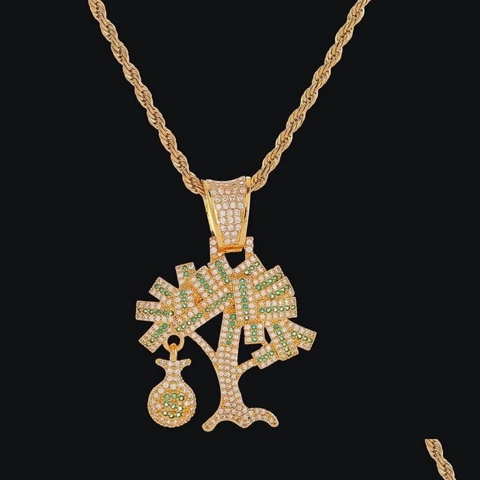 Ожерелья с подвесками в долларах США, денежное дерево, ожерелье со стальной веревочной цепью, золотой цвет, кубический циркон, мужские ювелирные изделия в стиле хип-хоп2499, ювелирные изделия Dhx3B