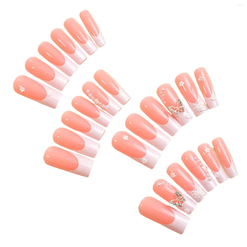 Faux ongles couleur chair bord blanc fleur imitation perle brillant pour femmes et filles activité de fête SNO88