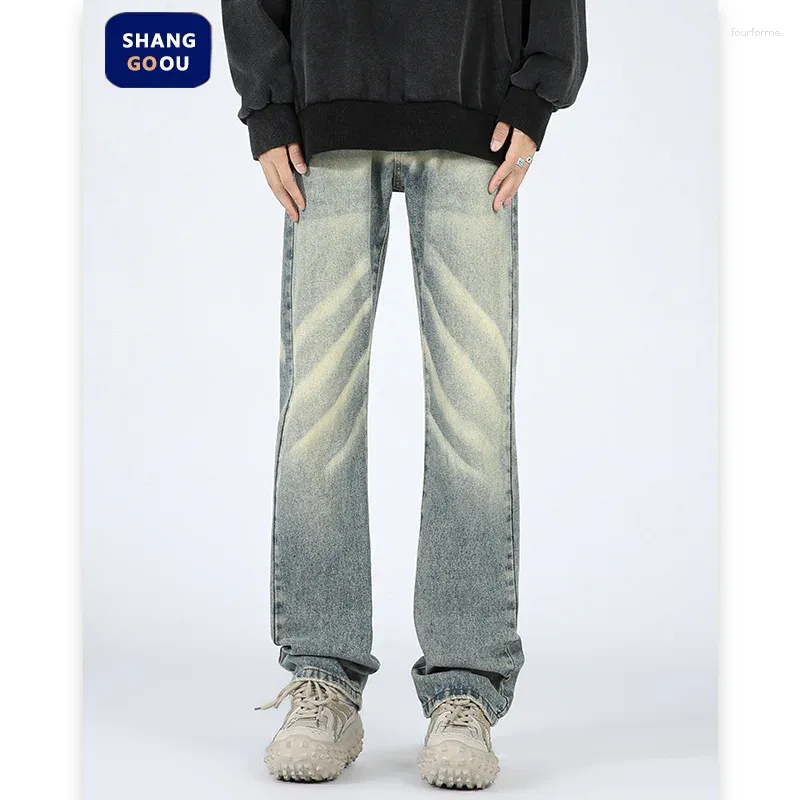 Jeans pour hommes Flare Denim Street Trendy Fashion Niche Ripple Washed Détresse Vintage Ruffian Beau pantalon à jambe droite