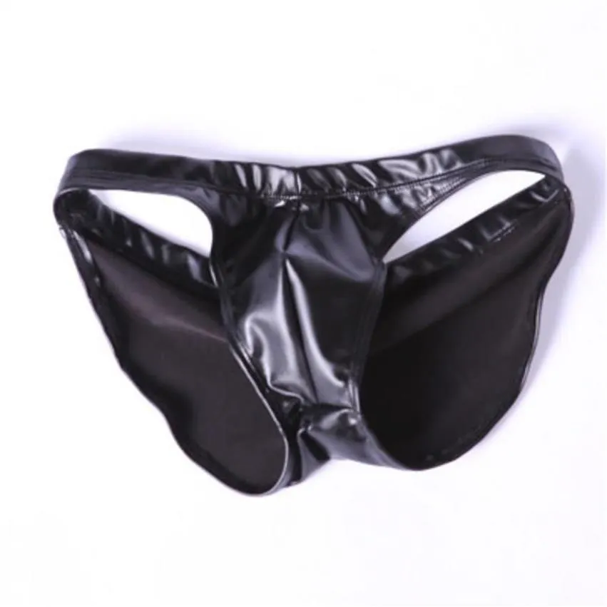 Calzoncillos PU Cuero de imitación Tanga Hip Shirring Calzoncillos para hombre Kilted Shapewear Ropa interior de látex Lencería sexy U Bolsa convexa Pantalón plisado 2548