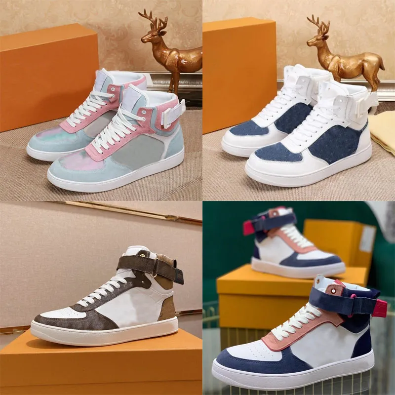 Luxury brand shoes Casual sneakers Mens Womens High Top Shoes Luxury calfskin boots Splicing multicolor rainbow trainers EU36-45