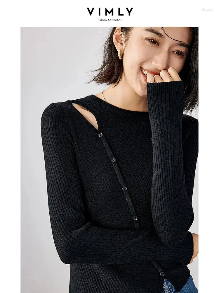 Frauen Pullover Vimly Hohe Strecth Dünne Lange Hülse Für Frauen 2023 Herbst In Cut Out Rippe Strickwaren Weibliche Pullover 72072