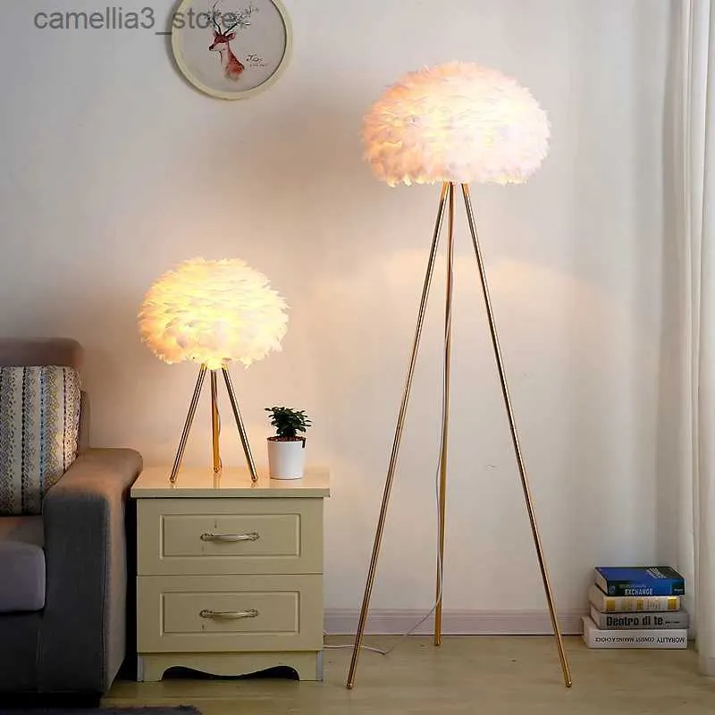 Floor Lamps Nordic Tripod Feather Floor Lamps Bedroom Bedside Lamp Living Room Indoor Lighting Standing Table Light Home Decor lamp Fixtures Q231016