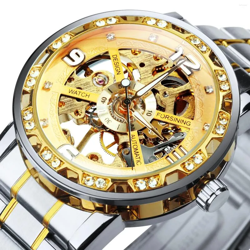 Armbandsur Forsining Classic Gold Mechanical Watches Vintage Diamond Luminous Hands Skeleton Watch for Men Luxury rostfritt stålband