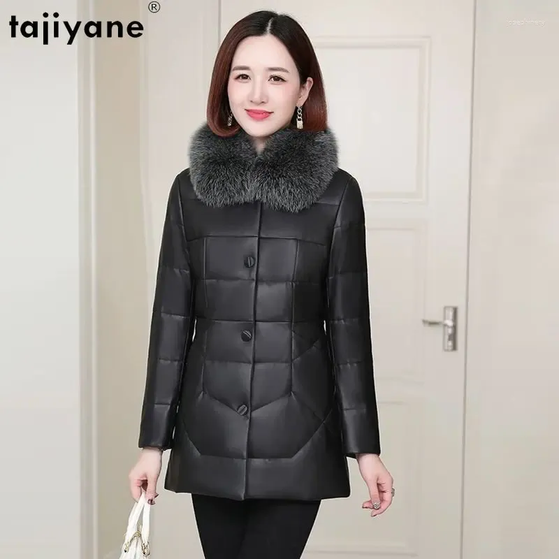 Femme cuir Tajiyane véritable manteau en peau de mouton col de fourrure chaud canard doudoune femmes hiver 23 mi-long vestes manteaux