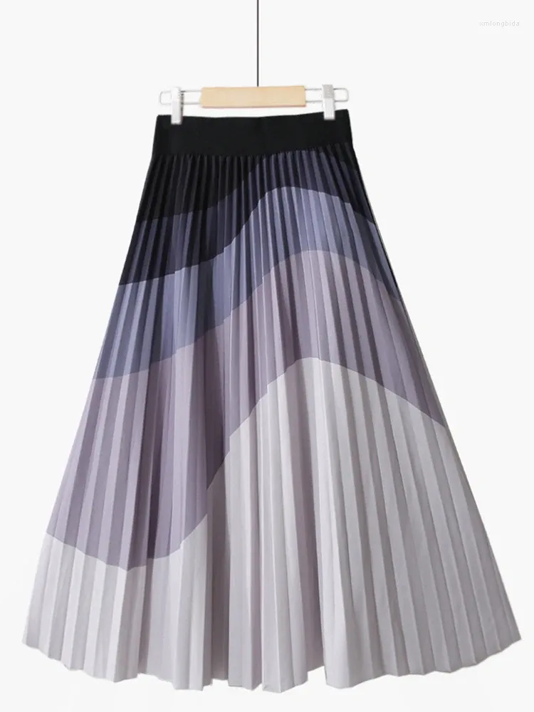 Юбки, модная плиссированная юбка с градиентом для женщин, весна-лето 2023, корейская трапециевидная юбка средней длины с высокой талией, длинная женская