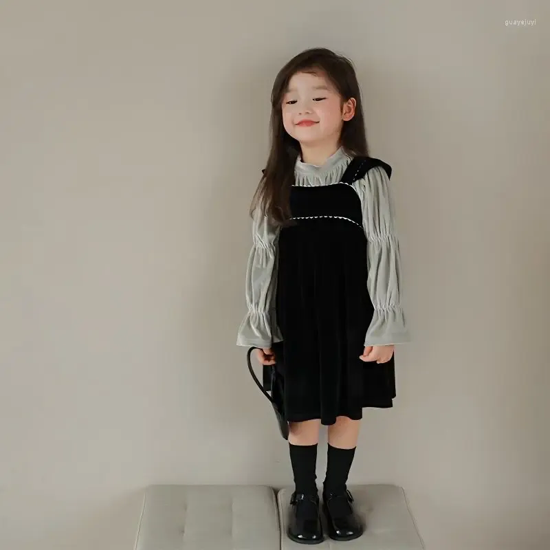 Clothing Sets Spring Autumn Flare Sleeve Blouses Black Slip Dress Elegance Girls Retro Preppy Style Long-sleeve 2Pcs Kids Suit