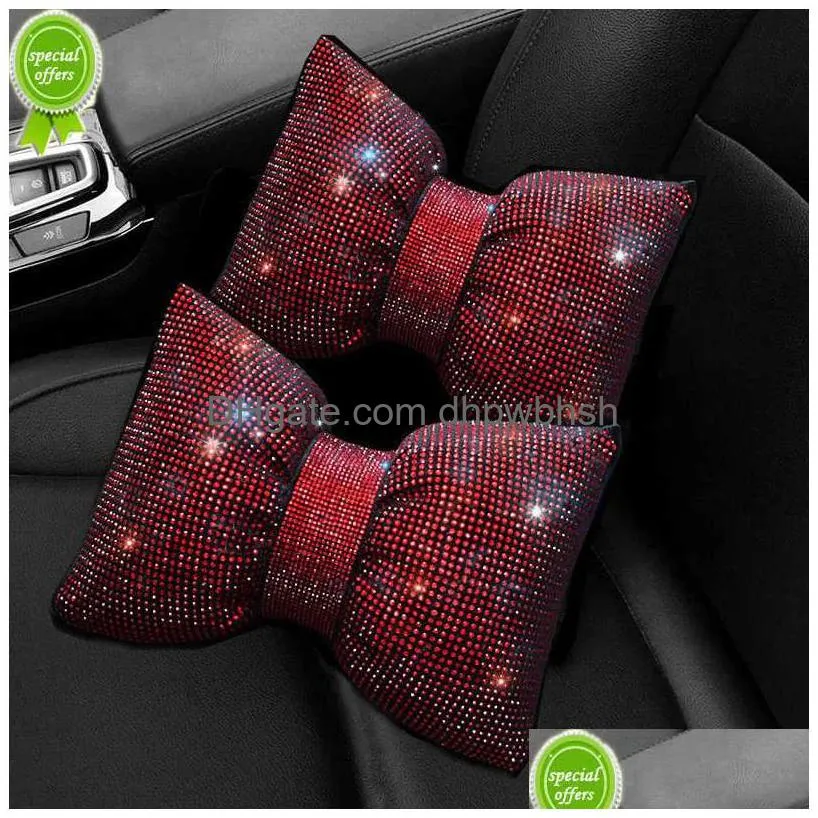 2PCS Red Diamond Crystal Bowknot Car Scyk Pillow Rhinestone Headrest Foteel Wspornik Poduszki Bling Akcesoria dla kobiet Drop Perwy