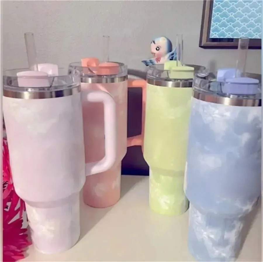 40oz Tumblers Quencher H2.0 핑크색 블루 넥타이 염료 실리콘 핸들 절연 텀블러 뚜껑 밀짚 스테인리스 커피 용어 컵에 의한 실리콘 핸들 뚜껑 뚜껑 스테인리스 커피 용어 컵