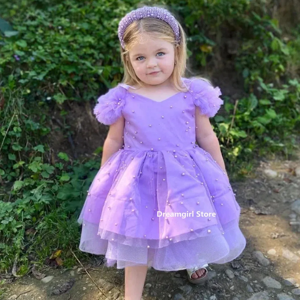 Girl's Dresses Dreamgirl Purple A-Line Flower Girl Dresses Kids V-ringning Pageant Dress Kids Pearls Princess Dress Ruffles Birthday Party Dress 231016