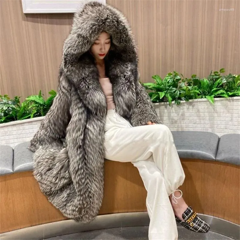 Women's Fur Winter Fashion Mid Length Hooded Long Sleeve Loose Thickened Warm Imitation Hair Silver Temperament Coat