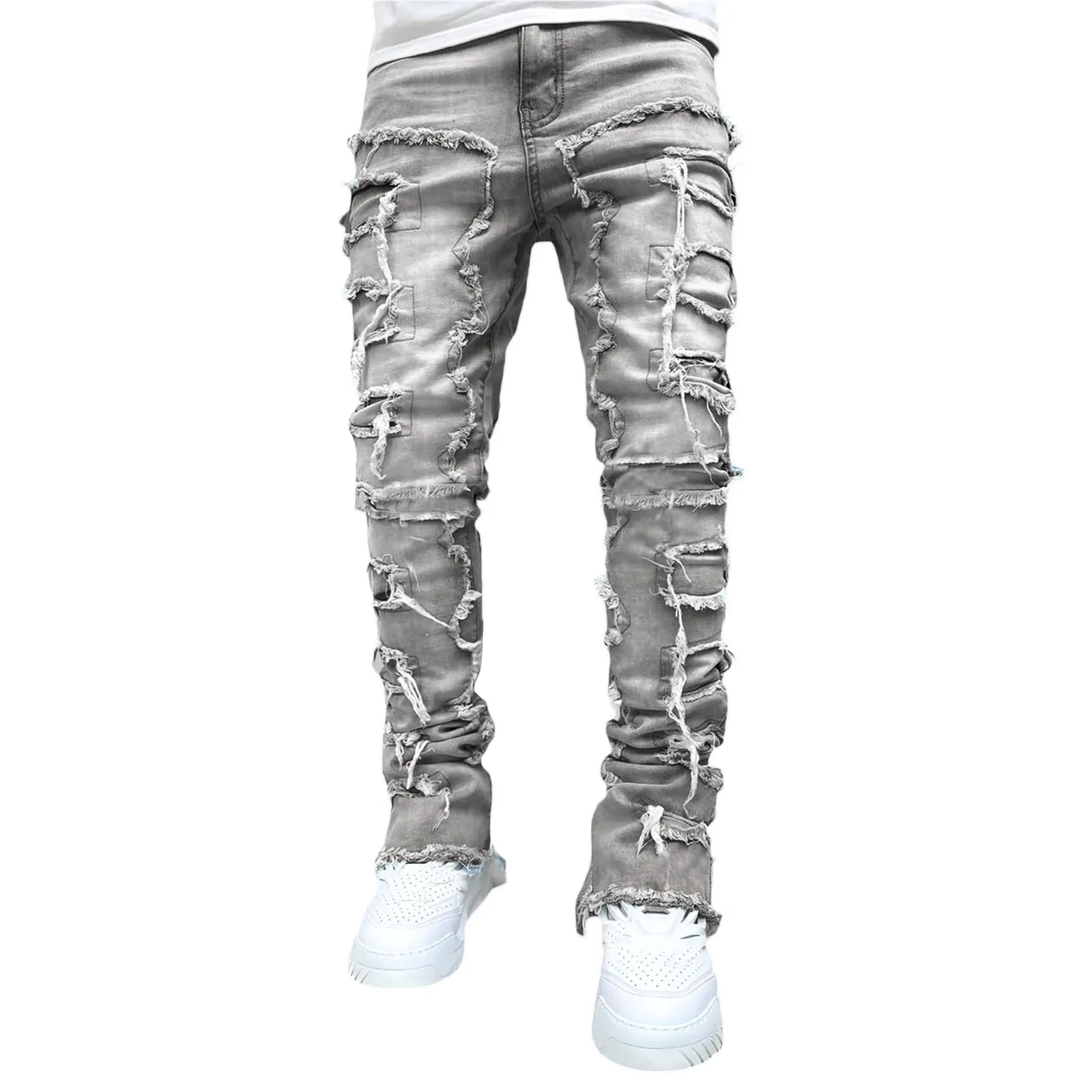 Mäns jeans regelbundet passande staplad lapp nödläge förstörda raka denim byxor streetwear kläder casual jean 988