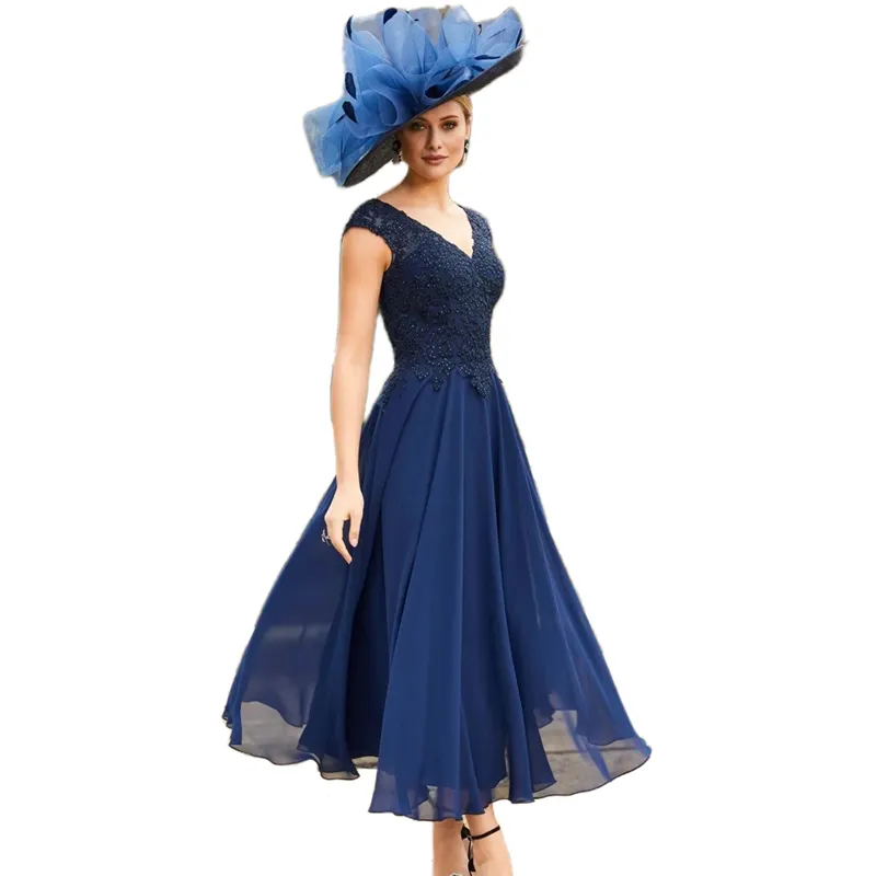 Navy Chiffon Mother of the Bride Navy Wedding Guest dress with Embellished Lace Bodice and V-Neckline - Elegant Tea Length Wedding Guest Gown for Navy Chiffon Mother of the Bride Navy Wedding Guest dress with Embellished Lace Bodice and V-Neckline - Elegant Tea Length Wedding Guest Gown for