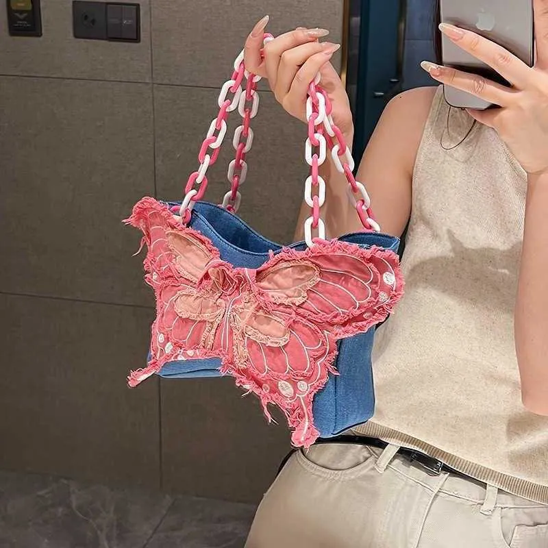 Pink Butterfly Decor Crossbody Bag Y2K Denim Sac à bandoulière Sweet Cool Spicy Girl Chain sac de créateur Womens Bag Personnalisé Denim Crossbody