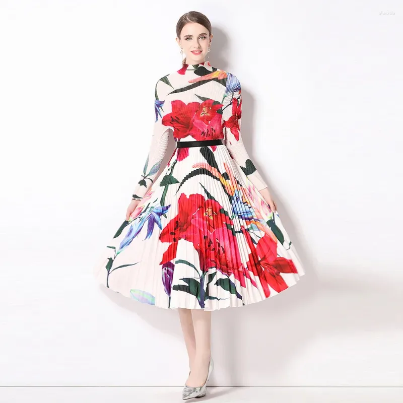 İş elbiseleri Miyake Piled Suit 2023 Zarif Sonbahar Kadınlar Uzun Kollu Çiçek Baskı Standı Yaka Üstleri Yüksek Bel Midi Etek Takımlar