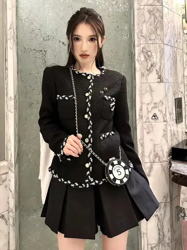 Kvinnors jackor högkvalitativa gamla pengar stil kassamere liten doft kappa kort svart tweed anpassad cardigan topp utredning