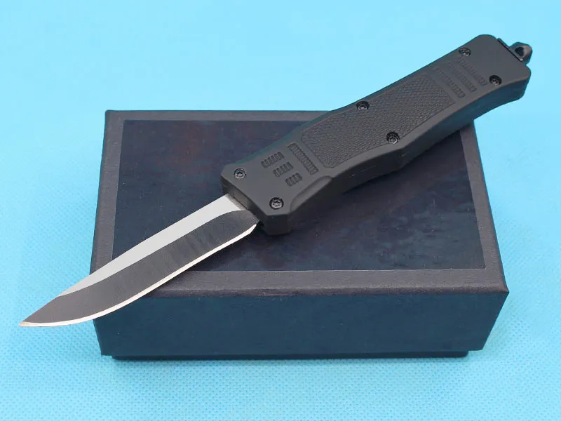 Högkvalitativ svart 7 tum 616 mini Automatisk taktisk kniv 440C Två-ton Blad Zink-aluminiumlegering EDC Pocket Knives med nylonpåse