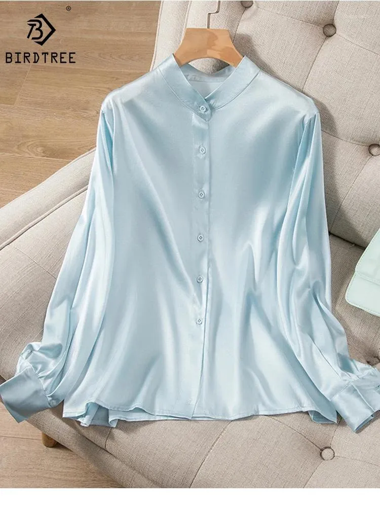 Blouses pour femmes Birdtree 93% Mulberry Silk Shirt Stretch Plain Crepe Satin Simple Long Seck Stand Collar femme Commute Couleur Couleur Top