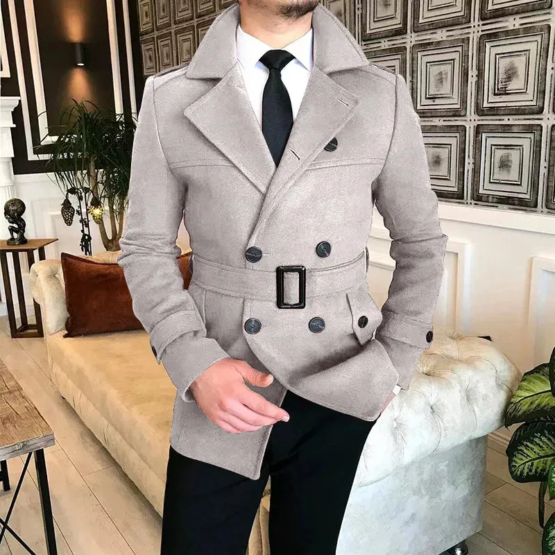 Double Row Button Woolen Trench Coat With Belt For Men Double Row Button Woolen Trench Coat With Belt For Men
