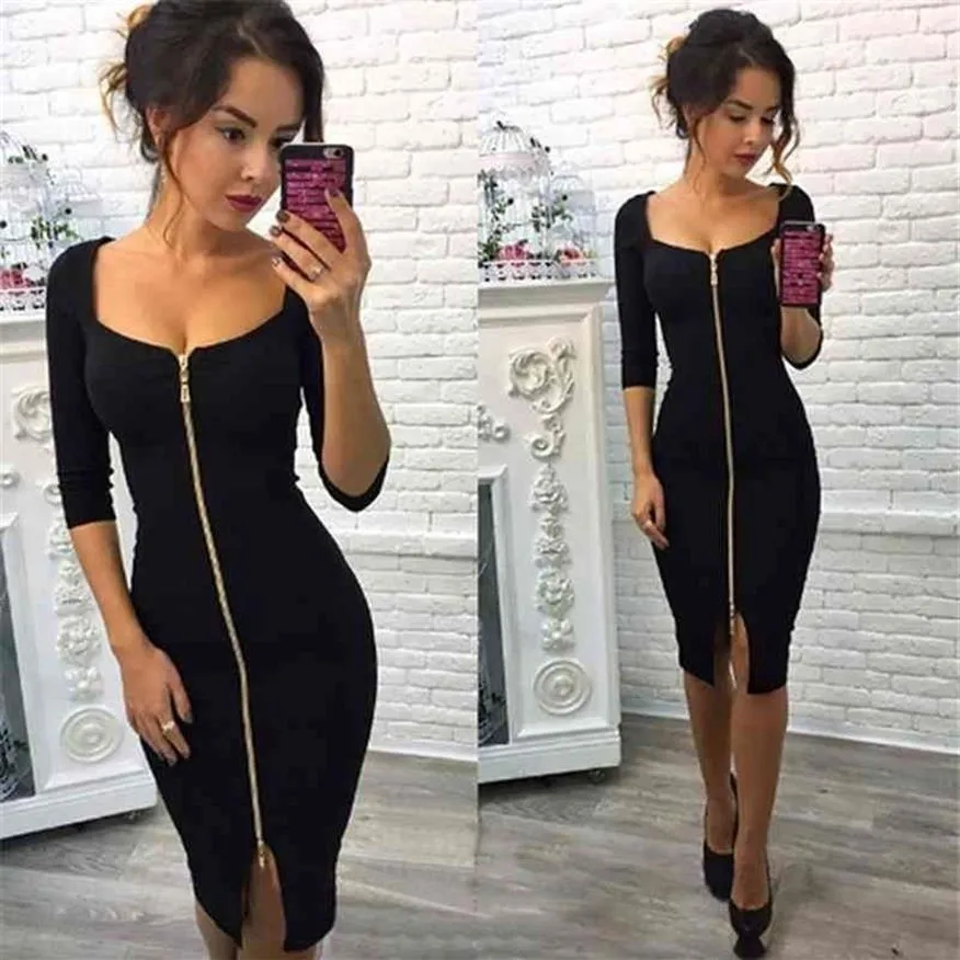 GAOKE Sexy Pencil Tight Dress Women Bodycon Sheath Dress Black Long Sleeve Party Dresses Women Front Full Zipper Dress 210323292V