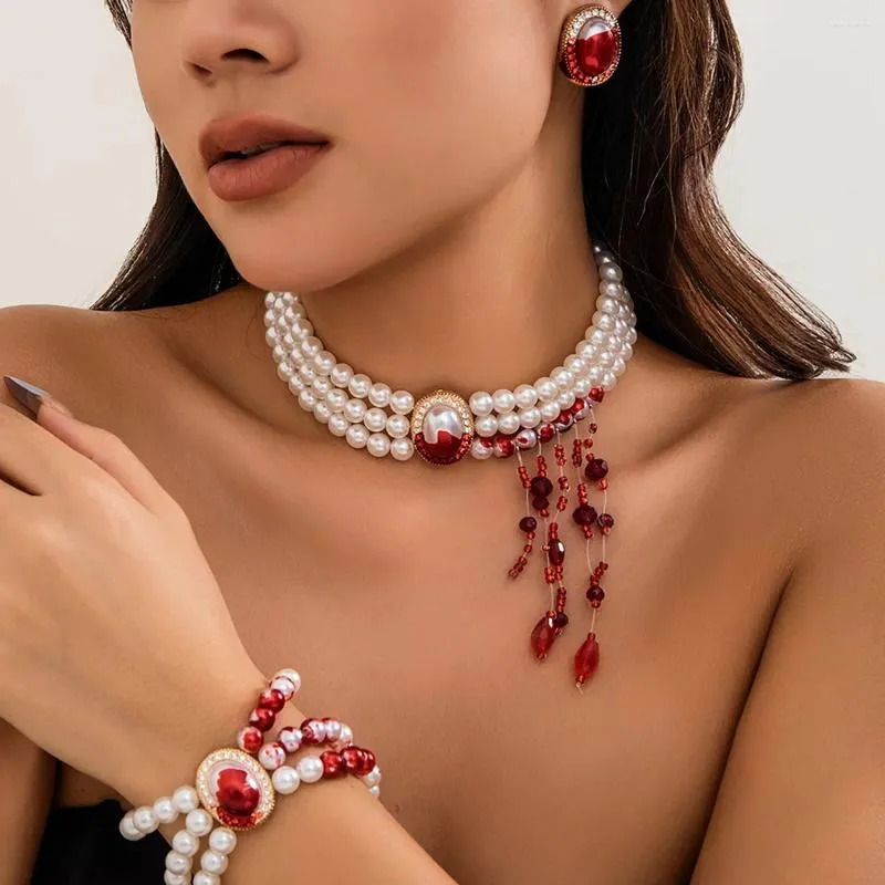 Choker Gothic Wit Rood Gemengde Parel Kralen Ketting Armbanden Oorbel Set Voor Vrouwen Bruiloft Verlovingsfeest Sieraden