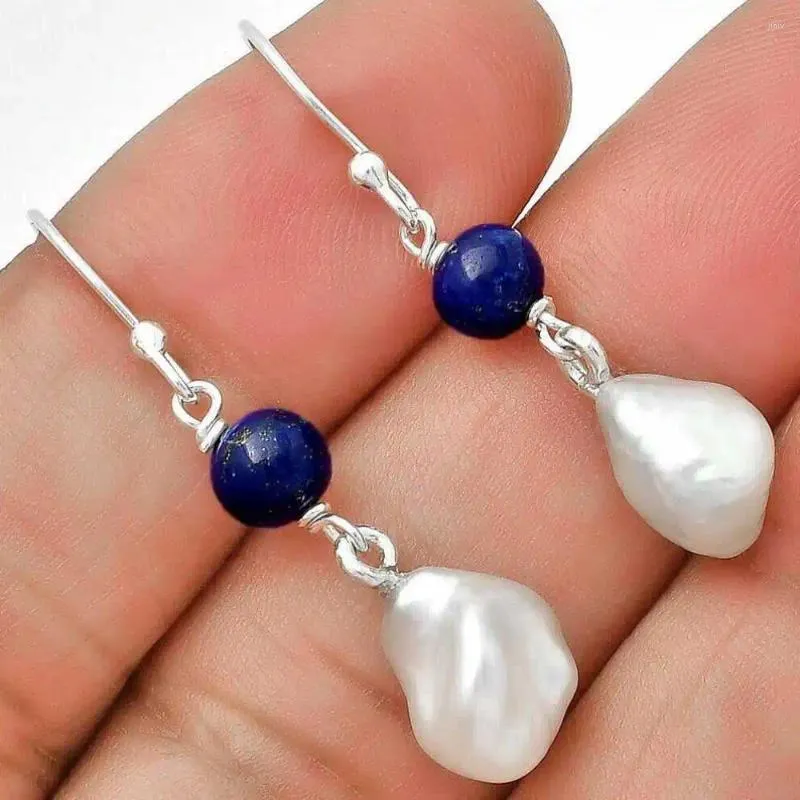 Dangle Earrings White Baroque Pearl Pendant Lapis Lazuli 925 Silver Diy Halloween HOOK SOLID Ear Stud Easter CARNIVAL Women