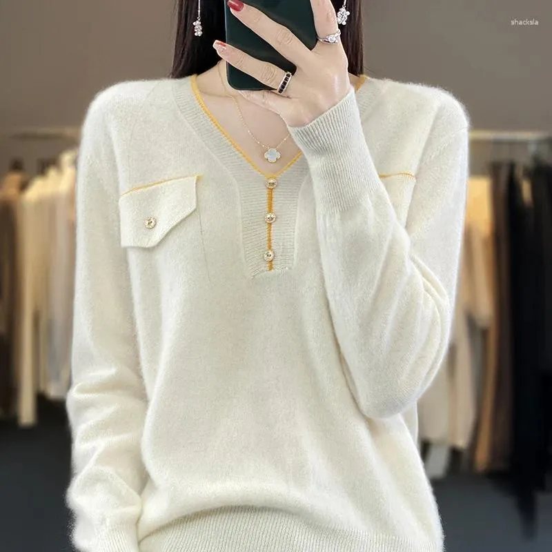 Kvinnors tröjor Merino Wool Sweater Autumn Winter V-Neck Långärmning Pullover Korean Fashion Casual Sticked Cashmere Top Female