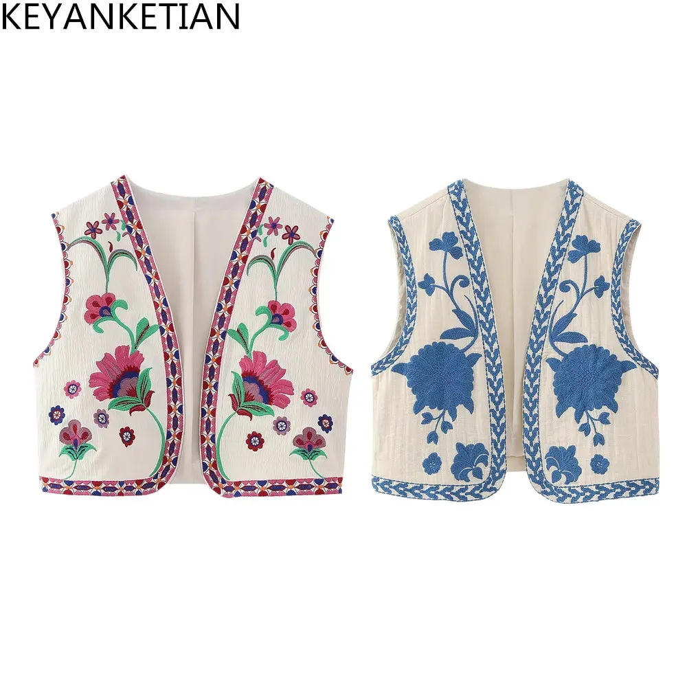 Kvinnors västar nyckelanketiska kvinnor vintage blommor broderad öppen västmäster med damer nationell stil västjacka kläder dämpad semester skörd topp 231016