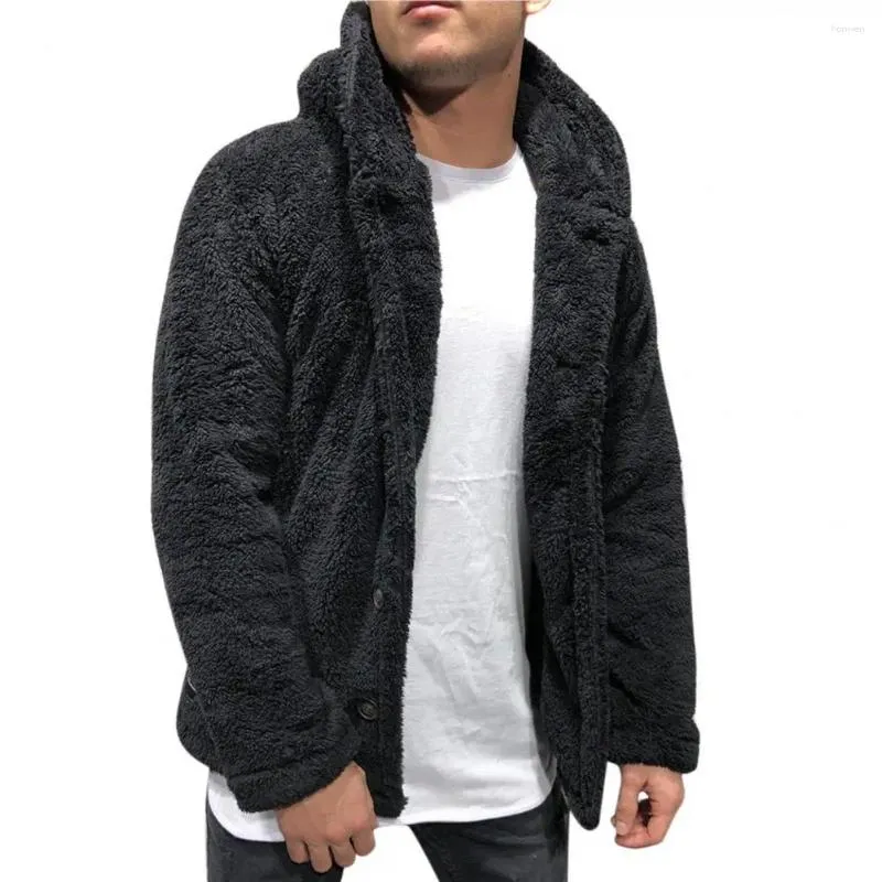 Men's Jackets Fluffy Fleece Coat Winter Hooded Thick Warm Outerwear With Long Sleeve Button Closure Men