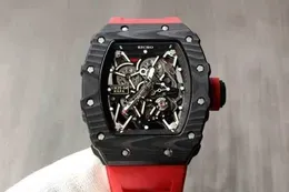 Luxury Mens Mechanics Watch Richa Mens Automatic Mechanical Es Carbon Fiber Black Red Rubber Limited Edition Hollow