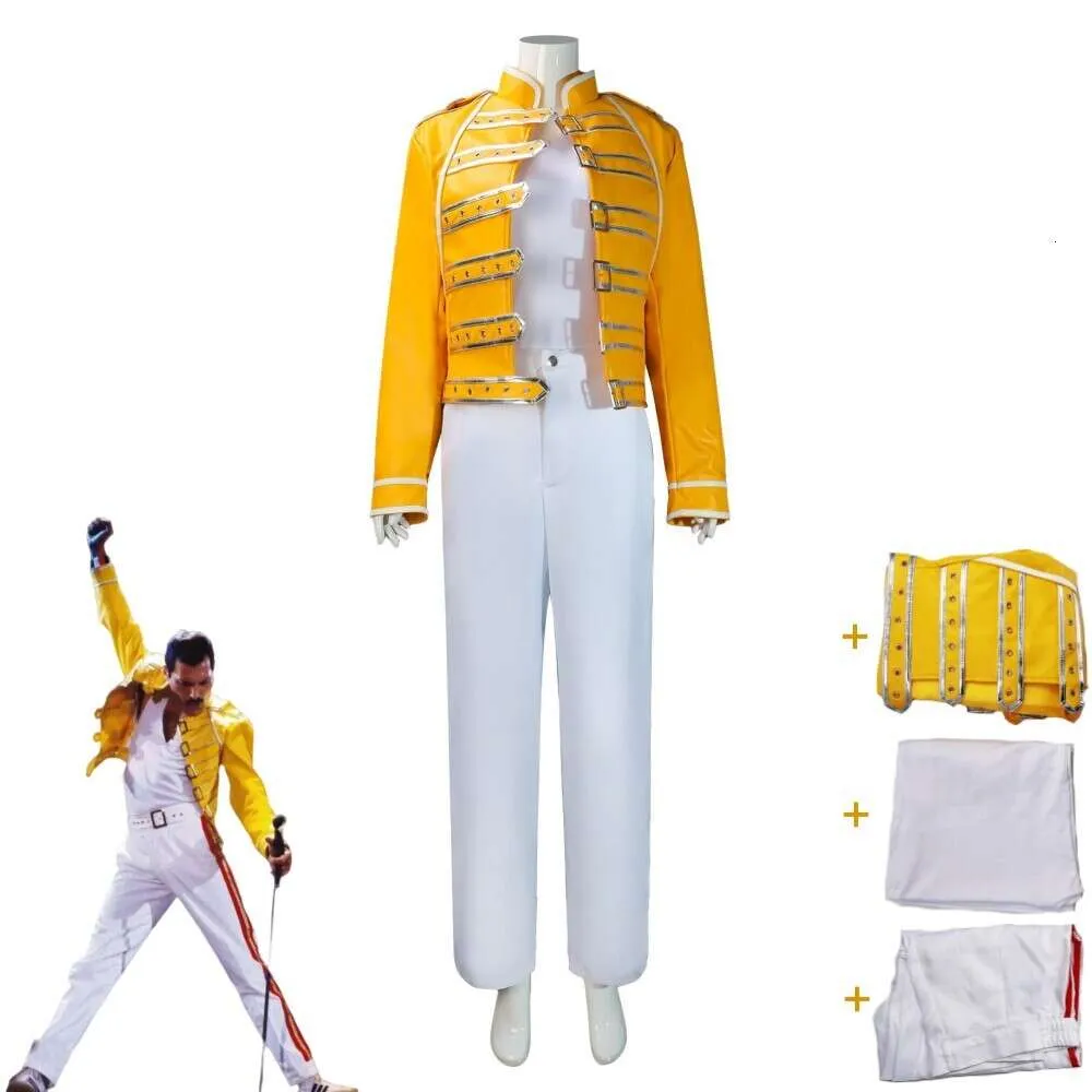 Costume de Cosplay Queen Lead Vocal Freddie Mercury Farrokh Bulsara, veste jaune, manteau, uniforme, Costume de fête de carnaval d'halloween