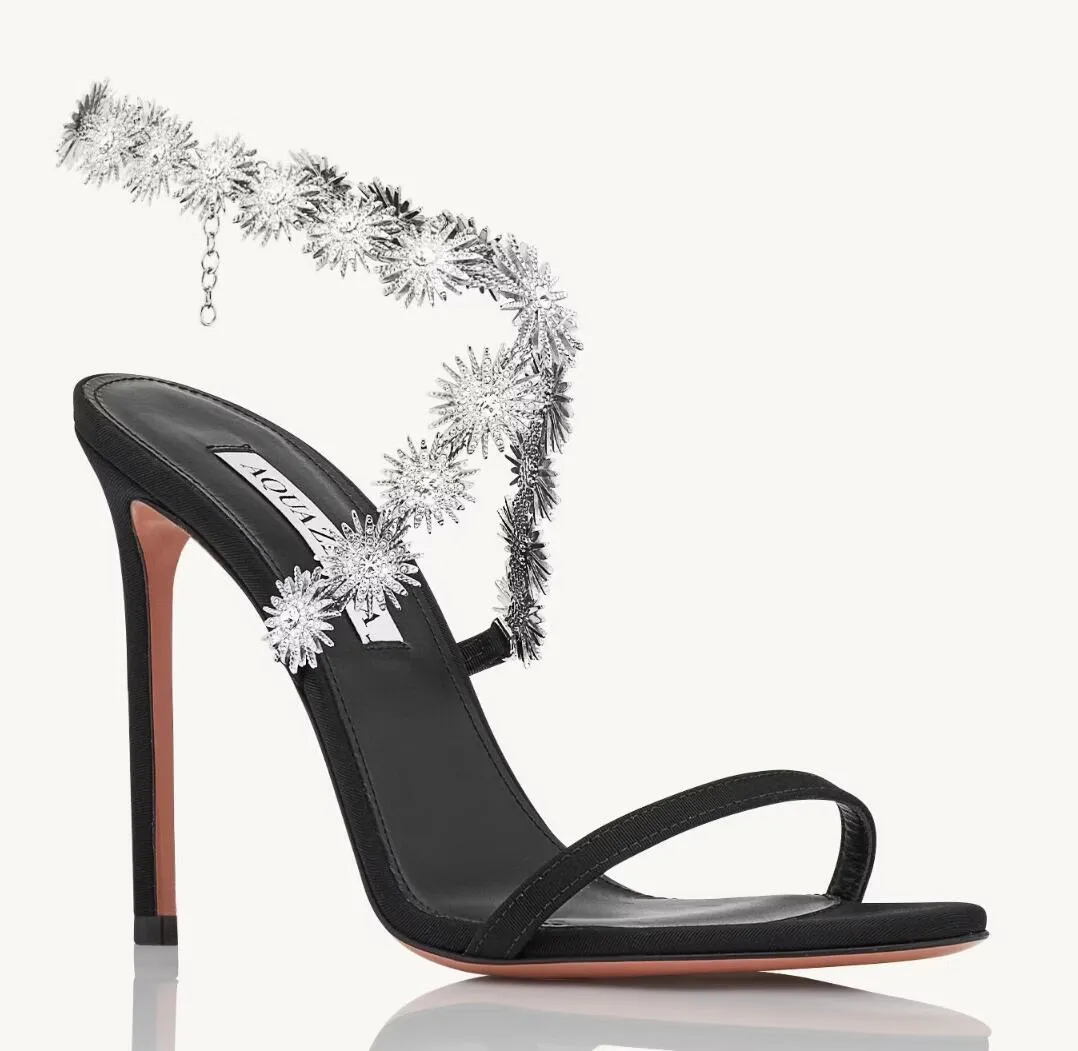 Top Brand Aquazzura Comet Women Sandals Shoes Flower Jewel-like embellishments Thin Stiletto Heels Ladies Party Wedding With Box EU35-43