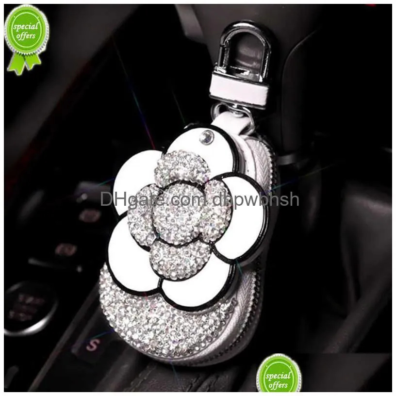 2022 Bling Crystal Camellia Car Key Case Shiny Keychain Holder Bag Diamond Accessories Interior For Woman Girls Drop Delivery