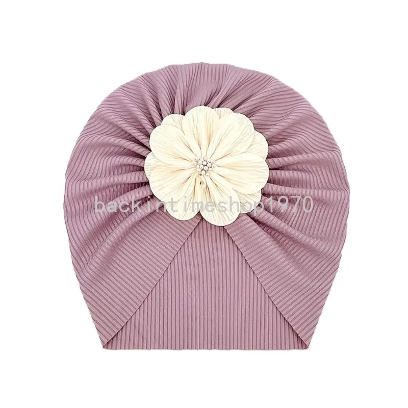 ほこりっぽいピンクの新生児の女の子の花の花ビーニー幼児bebeかわいいボンネットストライプターバン帽子bebeヘアアクセサリー