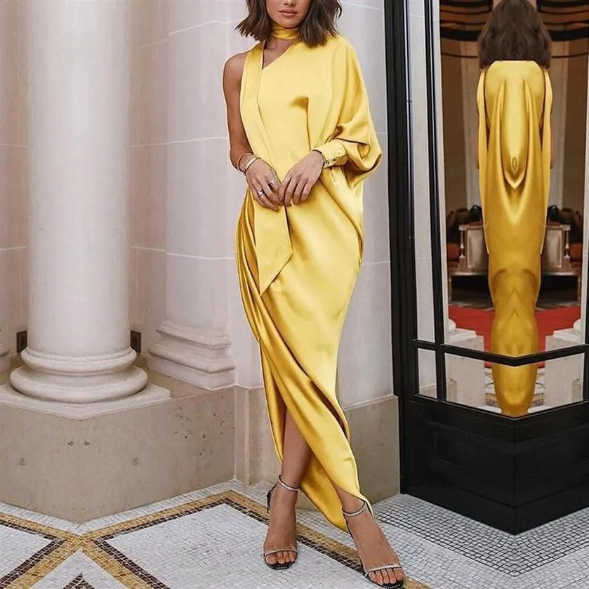 Casual Dresses 2021 Autumn Women Lantern Sleeve Off The Shoulder Long Maxi Dress Sexy Irregular Yellow Green Red Club Party Vestid331G