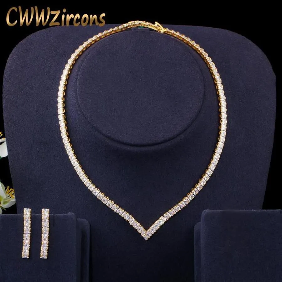 Boucles d'oreilles collier très brillant zircon cubique pavé couleur or jaune femmes fête tour de cou et boucle d'oreille mariées ensemble de bijoux T4212364