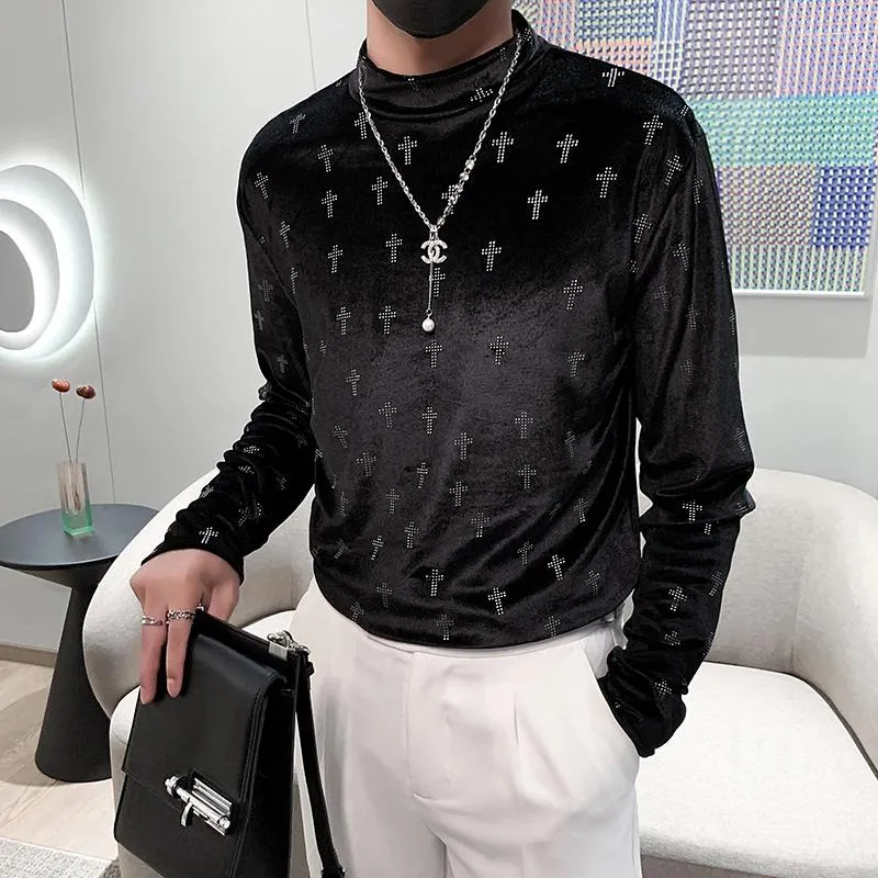 Herr t-skjortor lyxiga rhinestone halvturtleneck t-shirt män smal passar långärmad avslappnad affär social streetwear bottoming skjorta