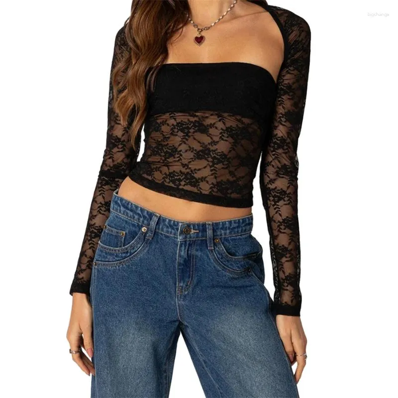 Women's T Shirts Two-Piece Black Lace Floral T-Shirt Sexy Strapless Tube Tops Long Sleeve Shrug Cardigans Crop Streetwear Outfit