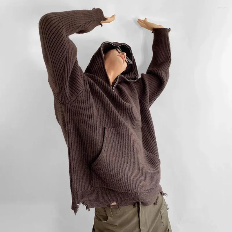 남자 후드 mens 반-zip 찢어진 후드 스웨터 가을과 겨울 레트로 고민 느슨한 캐주얼 한 단색 유니스크 니트 스웨트 셔츠