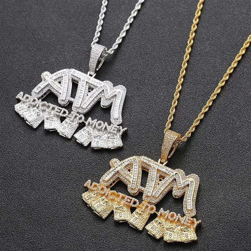 Hip Hop Micro Pave Cubic Zirconia Bling isad beroende av pengar Atm hängande halsband för män Rapper smycken guldfärg235x