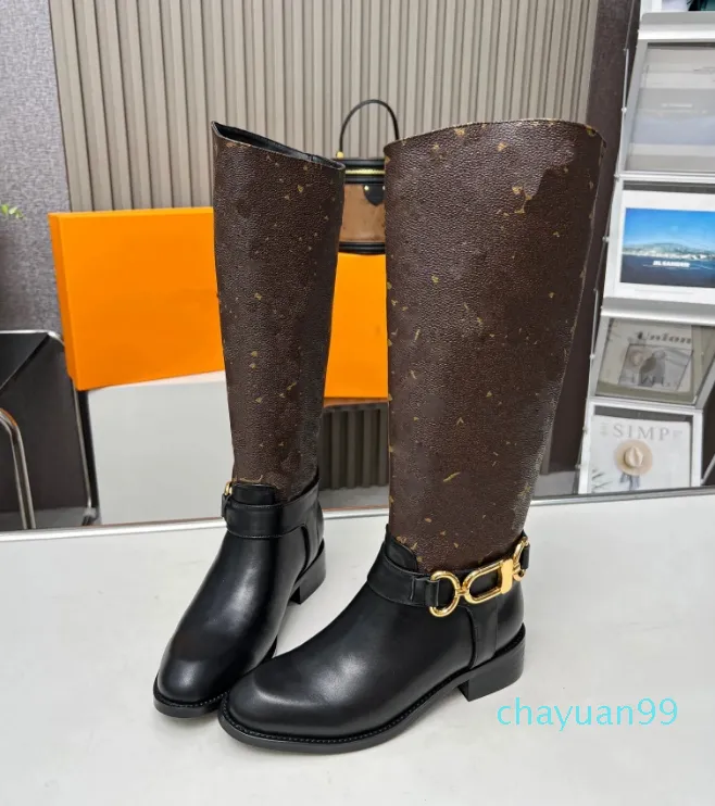 New Women Westside Flat Bottom High Barrel Boots Classic Printed Metal Buckle Over the Knee Knight Boots SIZE 35-42