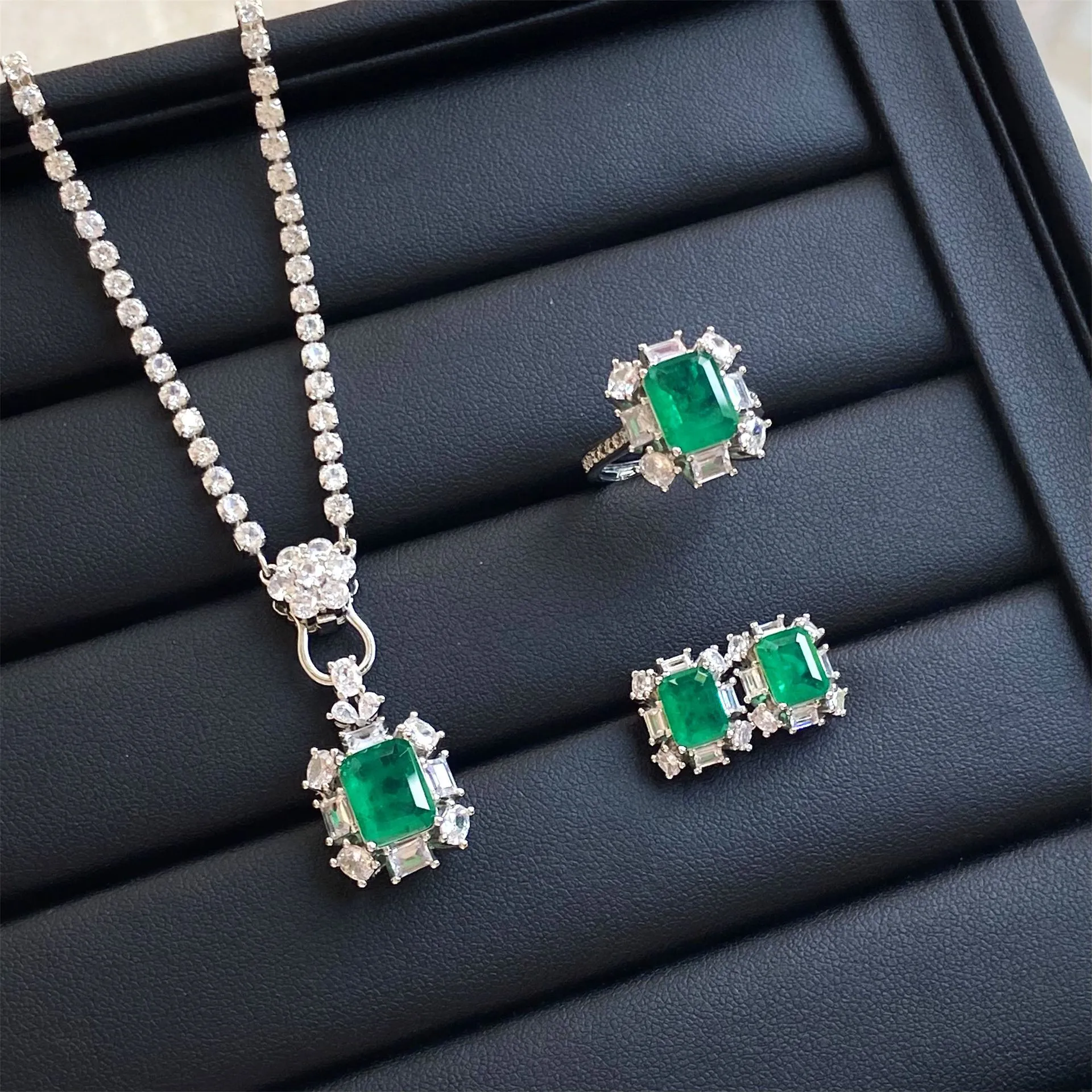 Wedding Jewelry Set women Imitated Emerald green Crystal zircon Diamond Princess Square Open Ring Pendant Necklace Earrings studs Girlfriend Party Birthday Gift