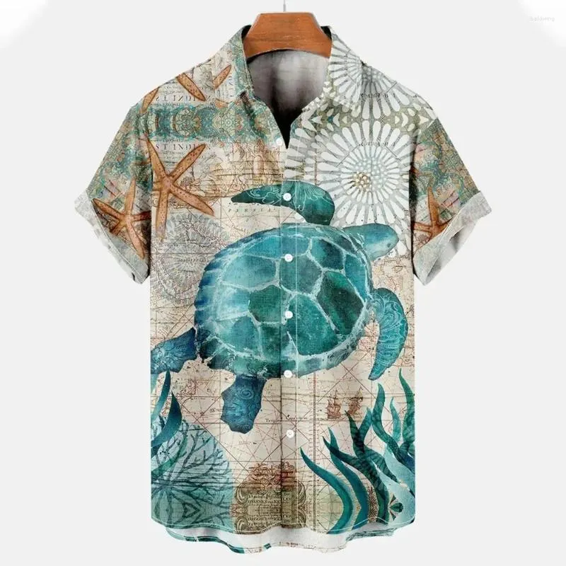 Casual shirts voor heren Grappig shirt Schildpadprint Hawaiiaans T-shirt met korte mouwen Polokraagknop voor heren Vintage mode strand Mannelijke kleding