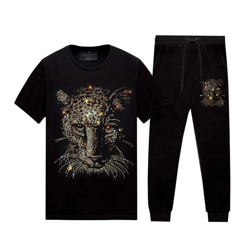 Summer Casual Rhinestone Shirts & Pants Tracksuit Men Women - Two Pieces Set Short Sleeved Tops and Leggings Black Cotton Blend306O