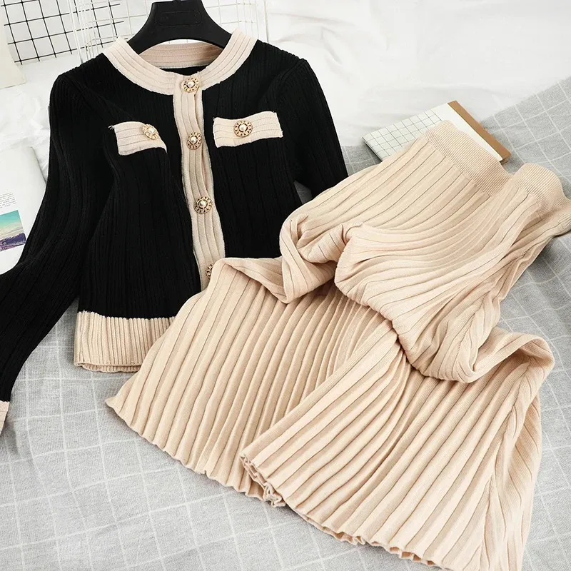 Tweede stukjurk Autumn Women S Knited 2 Set Chic Office Ladies Single Breasted Cardigan Sweater Pleated Knie Lengte Rok Suits 231016