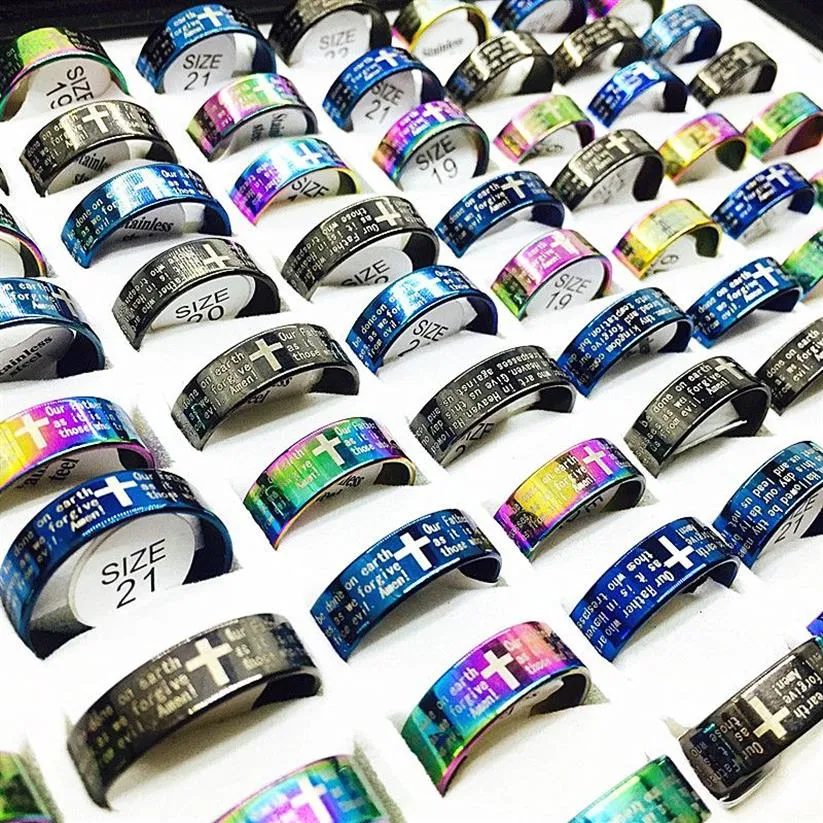 Whole 100pcs Lord's Prayer in English cross Stainless Steel Rings Men Women Fashion God the serenity prayer Ring mix colo313h