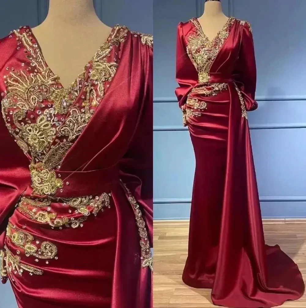 Evening Dresses Dark Red Prom Party Gown Crystal Mermaid Zipper Plus Size Custom New Long Sleeve Beaded Satin Lace Up V-Neck Applique