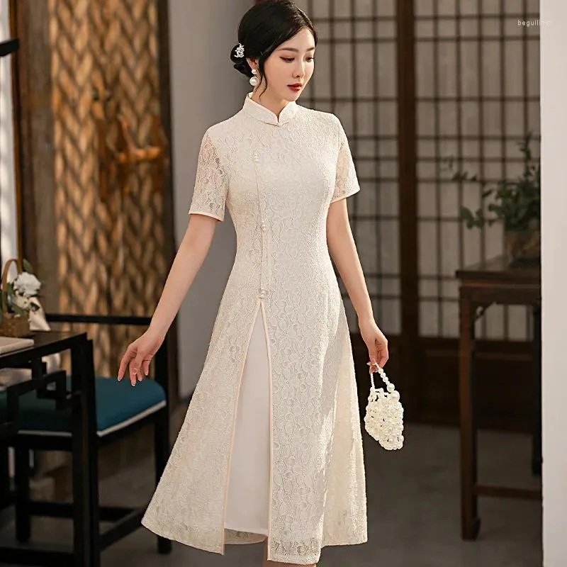 エスニック衣類中国語レトロデイリースリムドレスの改善伝統的なスタイルaodai Cheongsam Full Slip Lace Qipao Dresses for Women Vestidos