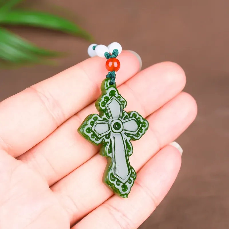 Collier pendentif croix de Jade vert naturel chinois, breloque sculptée à la main, bijoux en jadéite, amulette porte-bonheur à la mode, cadeaux