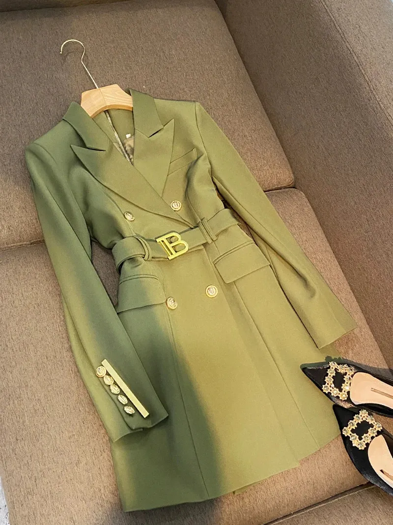 Women Blends Elegant Double breasted Long Sleeve Notched French Style Women Office Blazer Dress With Belt 231016